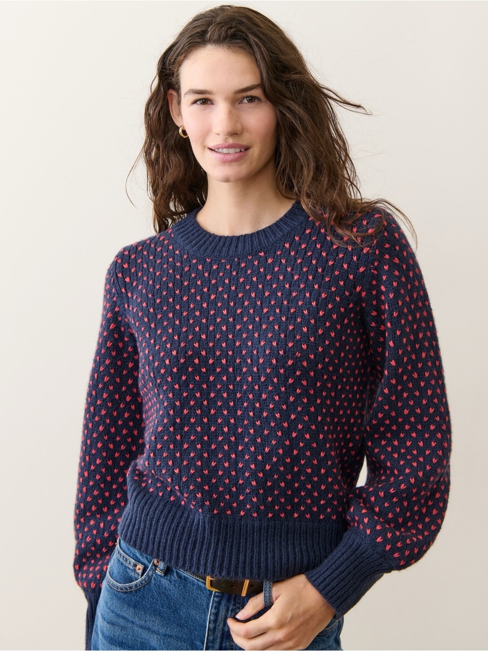 New Marine Layer Alma Crewneck Sweater Navy Red Sz L